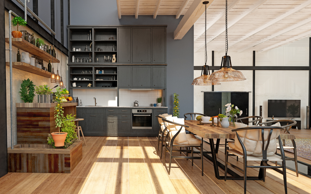 cocina moderna con suelo de madera